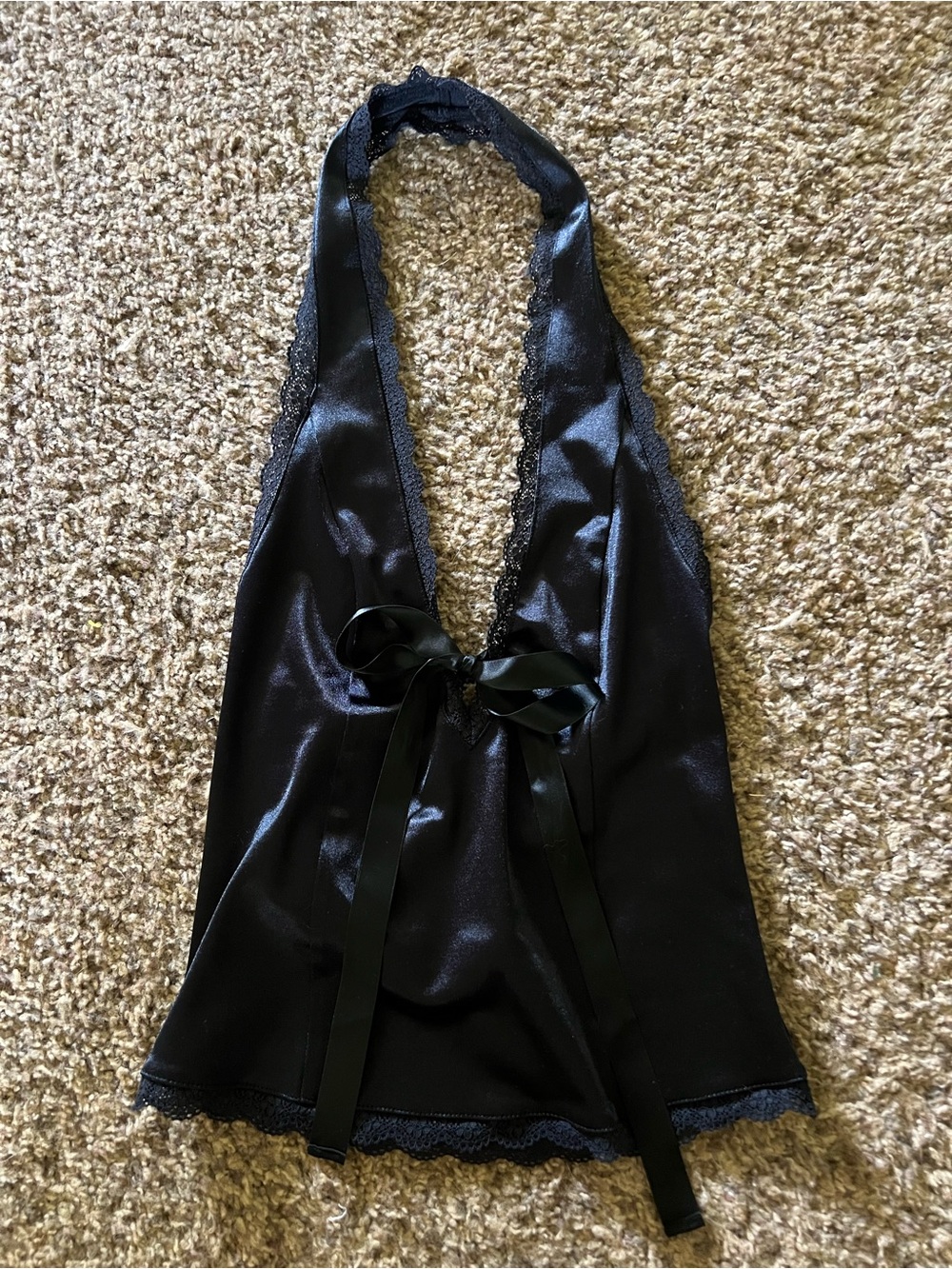 Urban Outfitters Black Satin Halter Chemise with Lace Trim